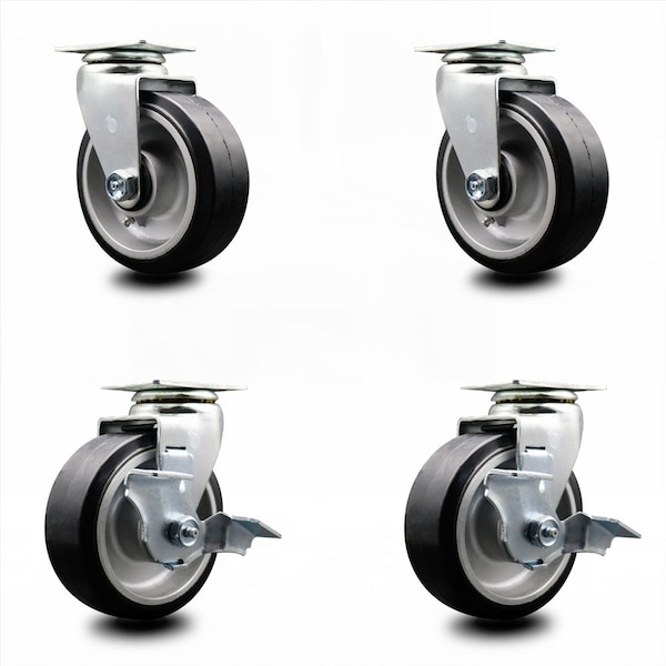 Service Caster 5 Inch Rubber on Aluminum Swivel Caster Set with Ball Bearings 2 Brakes SCC-20S520-RAB-2-TLB-2 - main